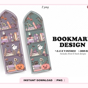 Op de afbeelding: Twee digitale bladwijzerontwerpen in de vorm van een boogvenster, met afmetingen van 6,35 x 17,78 cm. De illustraties tonen planken vol boeken, pompoenen, een zwarte kat, een spook, vleermuizen, een heksenhoed en kaarsen in paarse en blauwe tinten.