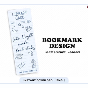 Puede incluir: Un diseño de marcapáginas blanco con un tema de tarjeta de biblioteca. Presenta ilustraciones dibujadas a mano de una luna, estrellas, un búho y una linterna. El texto incluye "Late Night reader book club". El marcapáginas mide 6,35 cm x 17,78 cm.