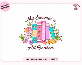 May include: A whimsical illustration featuring a stack of colorful books with a summer theme. The books are decorated with stars, shells, and flowers. The text "My Summer is All Booked" is displayed above the books. The image has a pink border.