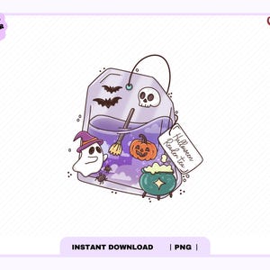 Peut inclure: Une illustration numérique d'un sachet de thé rempli de liquide violet, avec un fantôme portant un chapeau violet, une citrouille, un chaudron vert, deux chauves-souris, un crâne et un balai. Une étiquette blanche indique Halloween Reader tea.