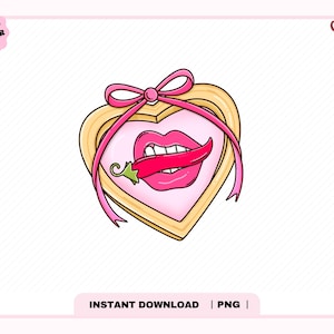 Peut inclure: Illustration numérique d'un cadre en forme de cœur avec un nœud et un ruban roses. À l'intérieur, des lèvres roses tiennent un piment rouge. Le texte "ORIGINAL DESIGNER" et "INSTANT DOWNLOAD | PNG" est inclus.