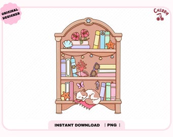 May include: A cartoon illustration of a wooden bookshelf filled with books, seashells, and a sleeping cat. The bookshelf is light brown with a seashell design on top. The text "INSTANT DOWNLOAD | PNG" is at the bottom.