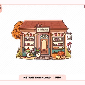 May include: A digital illustration of a bookstore with a brown roof, a sign reading Bookstore, and a bicycle parked in front. The shop is decorated with autumn leaves, pumpkins, and mushrooms. A small hanging sign shows an open book icon.