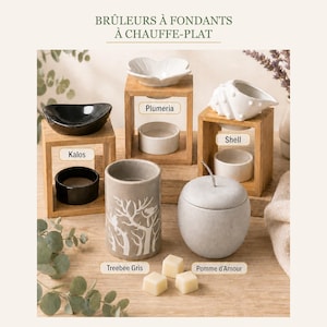 Peut inclure: Une collection de brûle-parfums intitulée BRÛLEURS À FONDANTS À CHAUFFE-PLAT. Elle comprend les modèles Kalos noir, Plumeria en forme de fleur blanche, Shell en forme de coquillage blanc, Treebee Gris cylindrique et Pomme d'Amour gris.