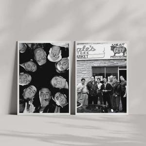 May include: Two black and white photographic prints. The left print shows a group of men looking down into the camera. The right print depicts a group of men standing in front of a storefront with a sign reading Sale's Meat Angus Beef Provisions.