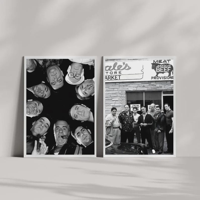 May include: Two black and white photographic prints. The left print shows a group of men looking down into the camera. The right print depicts a group of men standing in front of a storefront with a sign reading Sale's Meat Angus Beef Provisions.