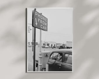 Vintage Poster Printable | 1950s Drive-In Telephone Poster | Black and White Art | Vintage Car Print (Digital Wall Art)