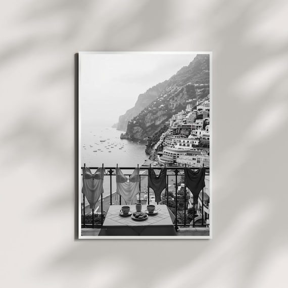 Positano View Breakfast Wall Art, Black and WhitePoster, Travel Photography Print, Coastal Poster, Printable, Italian Wall Decor (Digital)