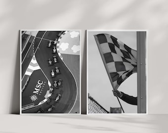 Formula 1 Racing Wall Art Bundle, Black and White Race Car Poster Set, Checkered Flag Print, Motorsport Wall Decor, Digital Download