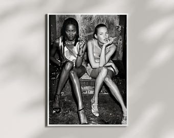 Naomi Campbell and Kate Moss Print, Fashion Poster, Black and White Wall Art, Vintage Print, Photography Prints, Digital Wall Art