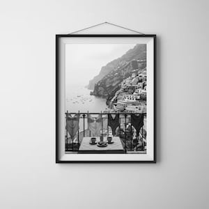 Positano View Breakfast Wall Art, Black and WhitePoster, Travel Photography Print, Coastal Poster, Printable, Italian Wall Decor (Digital) image 3