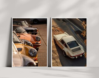 Vintage Porsche Inspired Poster Set, Classic Sports Car Wall Art Bundle, Retro Automotive Photography Prints, Garage Decor
