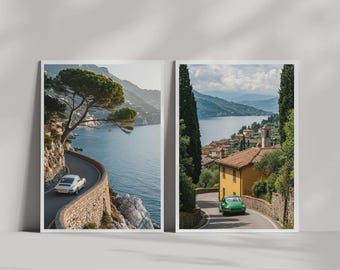 Vintage Poster Set, Porsche Wall Art, Italian Coast Photography Prints, Car Wall Art Set, Digital Wall Art
