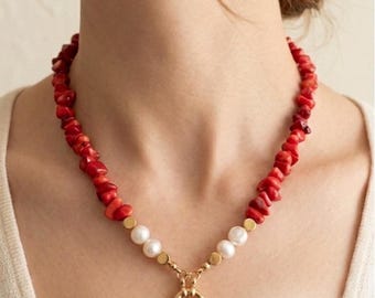 Red Coral & Freshwater Pearl Necklace – Gold Clasp Statement Jewelry
