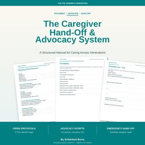 Könnte beinhalten: Ein strukturiertes Handbuch mit dem Titel "The Caregiver Hand-Off & Advocacy System" mit dem Text "A Structured Manual for Caring Across Generations." Das Handbuch enthält Formulare für Notfallübergaben, Krisenprotokolle und Fürspracheskripte.