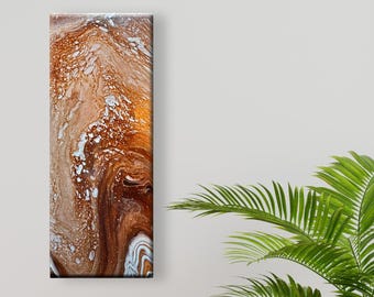 Peinture acrylique WS Art, pièce unique, marron, beige, or, blanc, 20 x 50 cm, technique de coulage, faite main