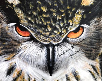 Gufo o collana dipinti a mano con colori acrilici su tela di 50 x 70 cm.