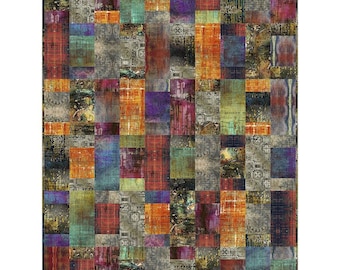 May include: A rectangular area rug featuring a multi-colored patchwork design composed of vertical and horizontal rectangular blocks. The pattern includes shades of orange, purple, teal, gray, and black with intricate textures and patterns.