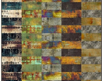 May include: A rectangular fabric panel featuring a grid of varied textures and patterns. The design includes columns of distressed teal, green, yellow, and orange hues, overlaid with vintage script, grid lines, and geometric motifs.