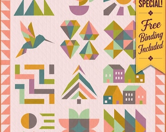 May include: A quilt featuring a grid of twelve geometric blocks on a light pink background, including a hummingbird, sun, trees, houses, and diamonds. A yellow banner on the right side displays the text SHOP SPECIAL! Free Binding Included.