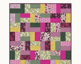May include: A quilt pattern titled Vineyard Basketweave by Bear Paws Creative. The quilt features a basketweave design in plum, pink, and green fabrics with floral and geometric prints. The finished size is 54 inches by 54 inches.