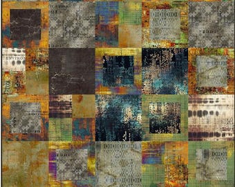May include: A square quilt featuring a grid of multi-colored fabric patches. The design includes squares with dark gray cracked textures, intricate white damask patterns, weathered orange rust tones, green grid lines, and blurred text fragments.