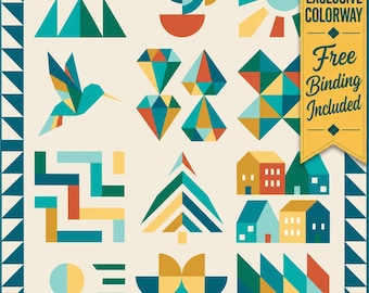 May include: A quilt featuring a cream background with a grid of geometric shapes including a hummingbird, diamonds, houses, a tree, and abstract patterns in teal, yellow, orange, and blue. A dark teal triangle border frames the design.