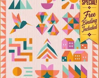 May include: A quilt featuring a grid of twelve colorful geometric blocks on a light pink background, including a hummingbird, sun, diamonds, houses, and trees. A yellow banner on the right side reads SHOP SPECIAL! Free Binding Included.