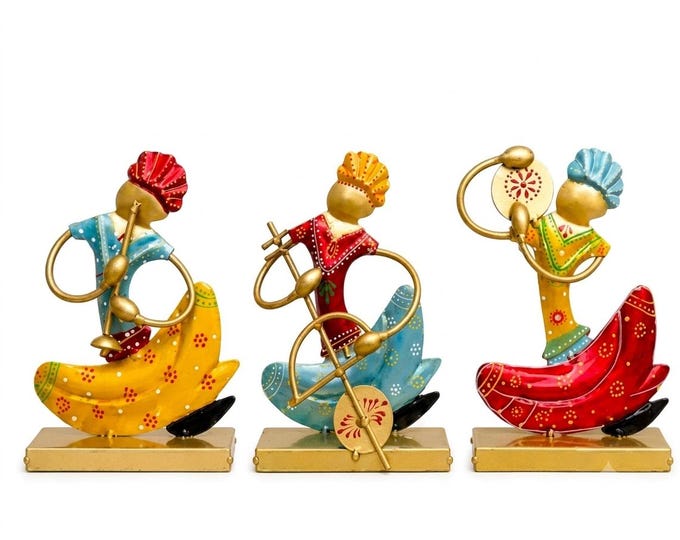 Set of 3 Metal Musician Figurines, Rajasthani Folk Art Statues, Indian Ethnic Table Decor