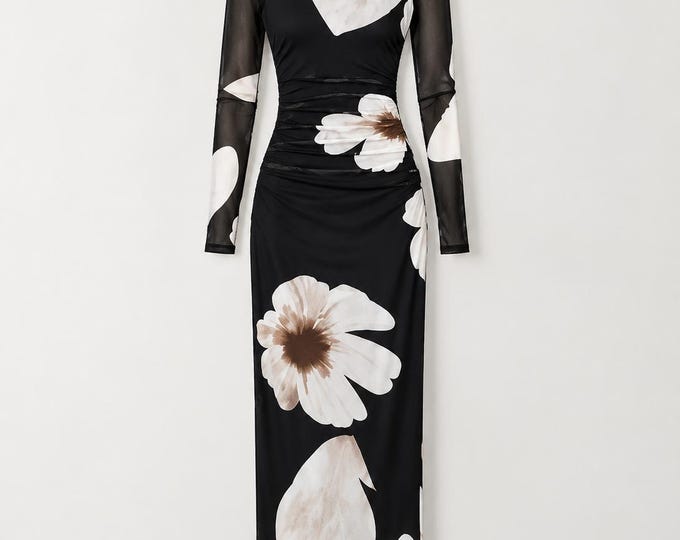 Black Floral Maxi Dress, Long Sheer Sleeves, V-Neckline, Evening Party Outfit