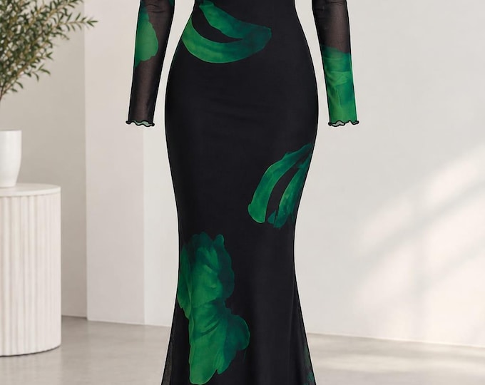 Black Green Abstract Print Maxi Dress, Long Sleeve Bodycon Evening Gown