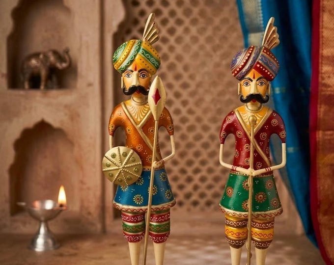 Rajasthani Folk Warrior Figurines Set, Traditional Indian Decor, Ethnic Home Accent