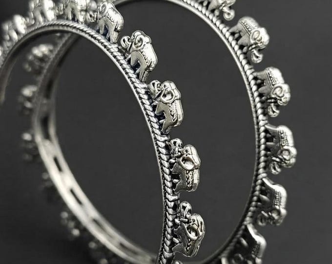 Oxidized Silver Elephant Bangles Set Ethnic Indian Kada Tribal Jewelry Bohemian Statement Bracelet