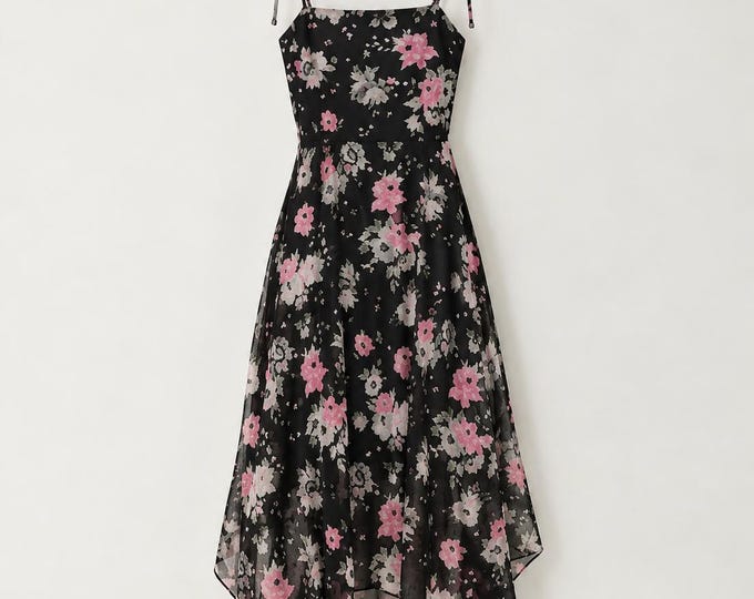 Black Floral Handkerchief Hem Dress, Pink Flower Cami Dress, Spaghetti Strap Summer