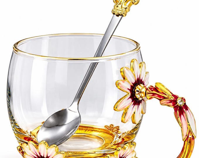 Floral Glass Tea Cup with Spoon, Gold Handle Coffee Mug, Elegant Gift
