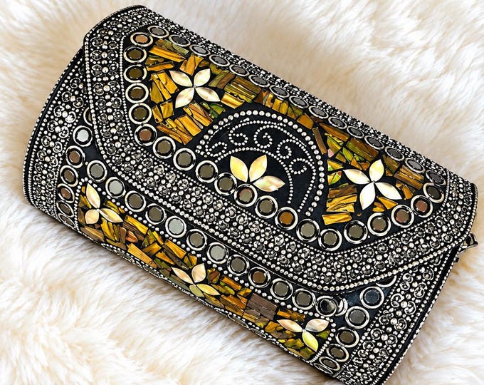 Black Mirror Work Clutch Bag, Floral Embellished Evening Purse, Wedding Party Shoulder Bag