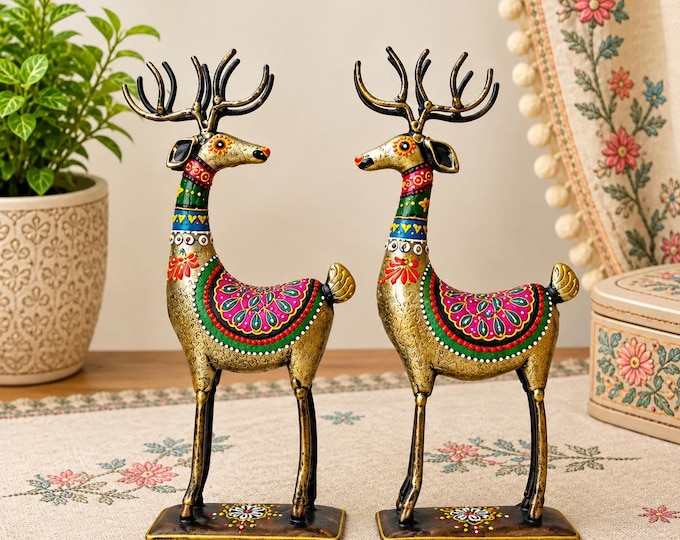 Handcrafted Deer Statue Set, Decorative Deer Figurines, Indian Folk Art Home Decor