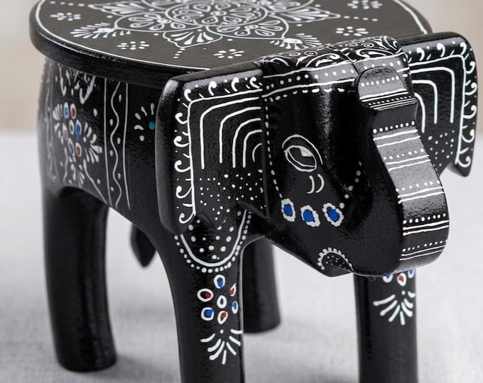 Indian Decor Hand-Painted Wooden Elephant Stool, Handmade Rajasthani Art Furniture, Colorful Side Table