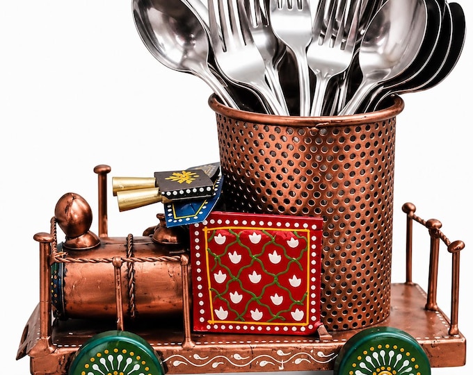 Handcrafted Metal Art Train Engine Pen & Spoon Stand Hand Painted Multicolor Organizer Gift