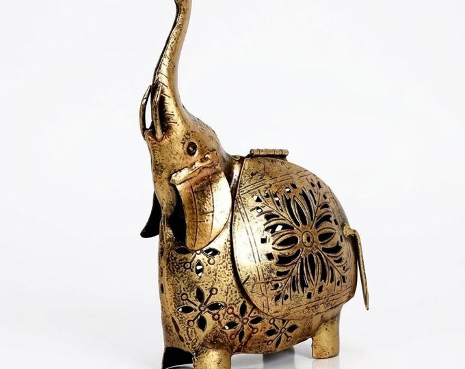 Antique Gold Elephant Tea Light Holder, Handmade Metal Jali Candle Lantern, Indian Home Decor