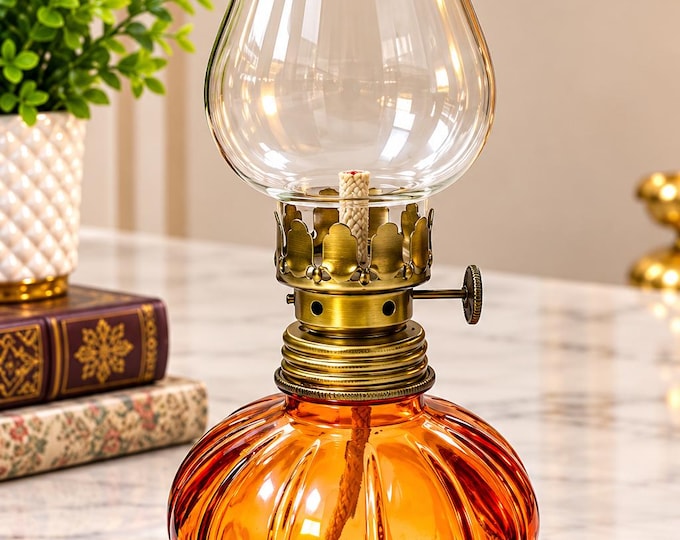 Vintage Orange Glass Oil Lamp with Brass Burner, Clear Chimney, Rustic Table Decor