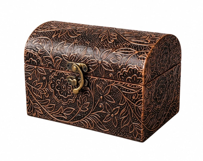 Handcrafted Floral Engraved Wooden Jewelry Box, Antique Copper Finish, Keepsake Storage
