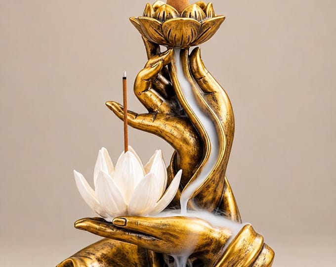 Golden Lotus Backflow Incense Holder, Waterfall Smoke Dhoop Burner, Zen Home Decor & Spiritual Gift