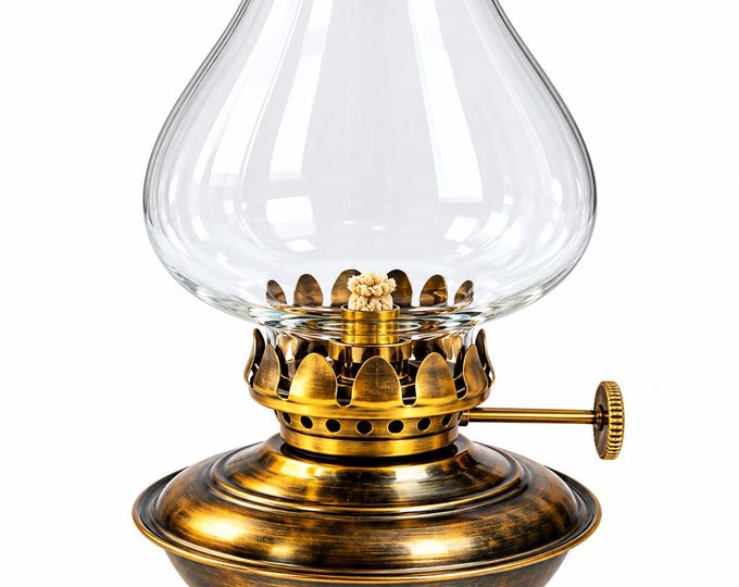 Vintage Style Brass Oil Lamp, Glass Chimney Kerosene Lantern, Rustic Table Lighting Decor