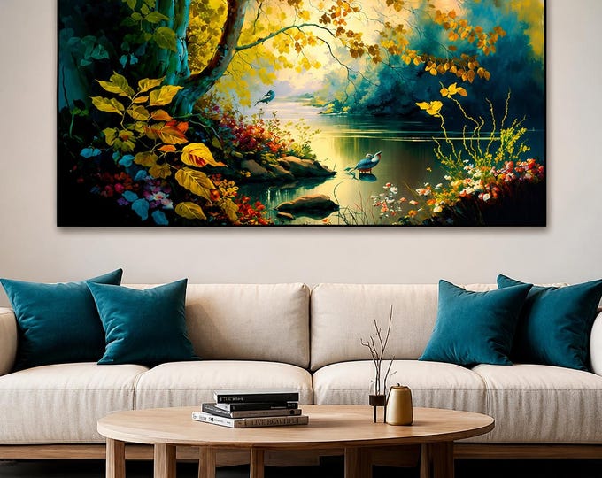 Vintage Landscape Forest Painting with Lake Plants|Canvas Art Wall Painting