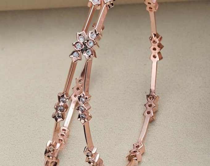 Floral CZ Stone Bangle Set, American Diamond Kada, Minimalist Rose Gold Bracelet, Bridesmaid Gift