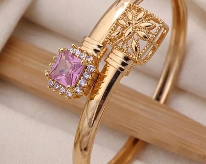 Gold Plated CZ Gemstone, Cuff Bangle Filigree , Adjustable Bracelet Gift
