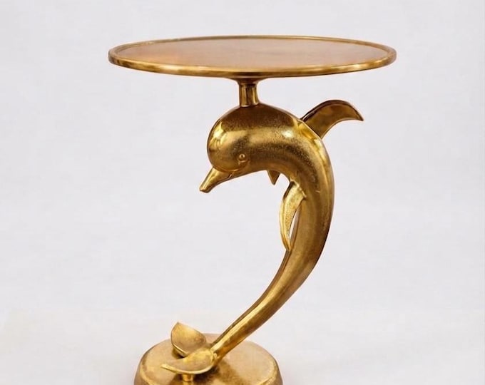Golden Dolphin Accent Table, Luxury Antique Gold Finish, Unique Sculptural Home Decor Piece