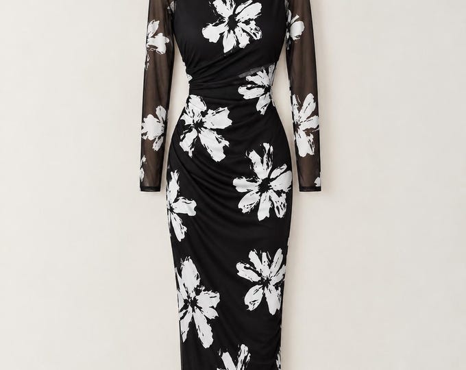 Black Floral Midi Dress, Long Sleeve Bodycon  Sheer Sleeve Party