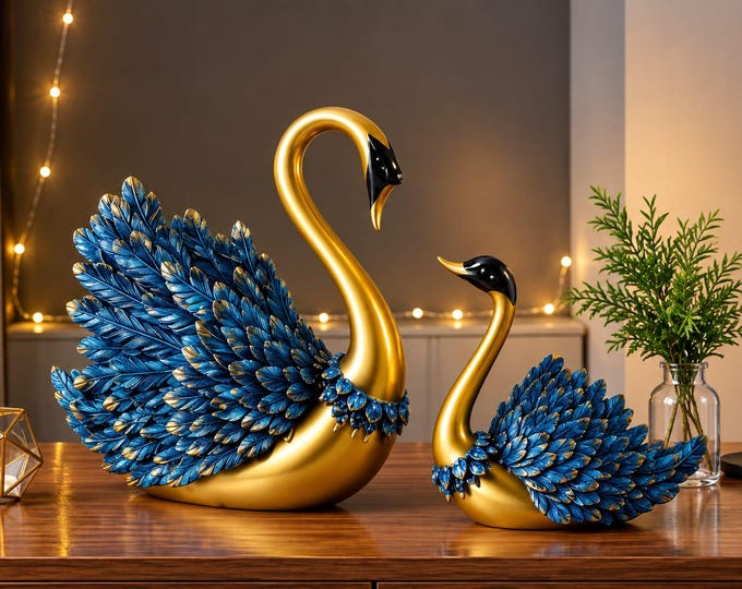 Luxury Swan Couple Figurines, Blue Gold Bird Statues, Elegant Home Decor